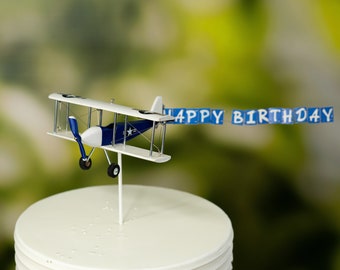 US Air Force Airplane cake topper with custom banner. One, travel birthday, time flies cake decor. Blue-white color.