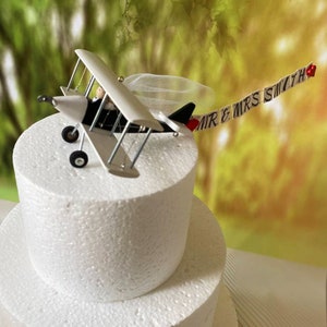 Airplane Wedding Cake Topper with Custom banner Mr. & Mrs. Marriage cute unique honeymoon figurines at the helm of the plane. image 6
