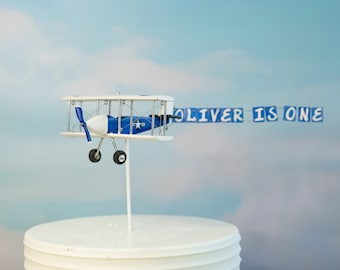 Navy Blue Airplane Cake Topper with Custom banner name, number or any other text. One, Travel Birthday, Time Flies, Airplane party decor