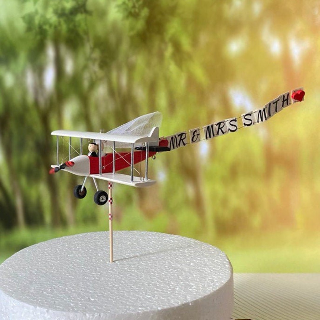 Airplane Wedding Cake Topper With Custom Banner Mr. & Mrs. Cute Unique