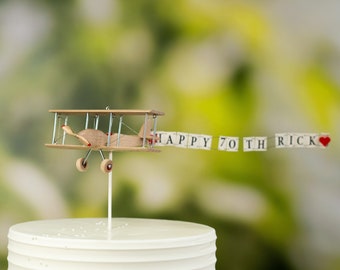 Wooden plane cake topper with custom Happy Birthday banner. Airplane, Anniversary, Pilot Cake Topper.