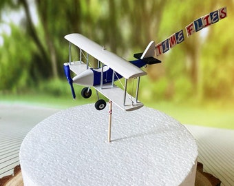 Wooden Airplane Cake Topper Time Flies Plane with Custom Banner First Birthday Wooden  Airplane Biplane Pilot theme cake decoration