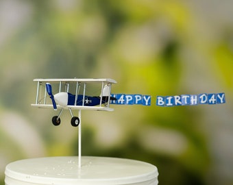 Happy Birthday Wooden Airplane Cake Topper. Aircraft with US Air Force insignia and custom banner. Airplane party, One, pilot cake topper