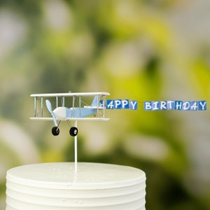 Baby Blue Airplane Cake Topper with Happy Birthday banner or any custom text. Airplane party, One, pilot birthday airplane cake topper
