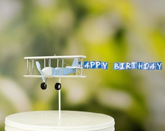 Baby Blue Airplane Cake Topper with Happy Birthday banner or any custom text. Airplane party, One, pilot birthday airplane cake topper