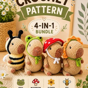 Könnte beinhalten: Ein 4-in-1 Häkelmuster-Set mit vier beigen Plüschfiguren. Jede Figur trägt ein anderes Accessoire: ein schwarz-gelbes Bienenkostüm, einen grünen Froschhut, einen rot-weißen Pilzhut und einen orangefarbenen Blumenhut.