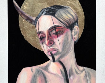 May include: A painting of a woman with black hair and red and black makeup. She has a gold halo and a horn on her head. The background is black.