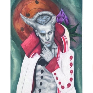 May include: A watercolour painting of a person with horns and a white and red jacket with a pattern of black and red symbols. The person has a white face with a black eye patch and a black symbol on their forehead. The background is a green and brown watercolour wash.