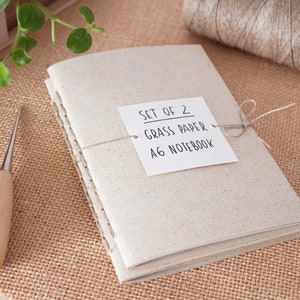 Set di 2 mini quaderni in carta erba rilegati a mano, diario ecologico cucito a mano formato A6 realizzato con carta senza alberi, regalo originale per gli amanti della natura