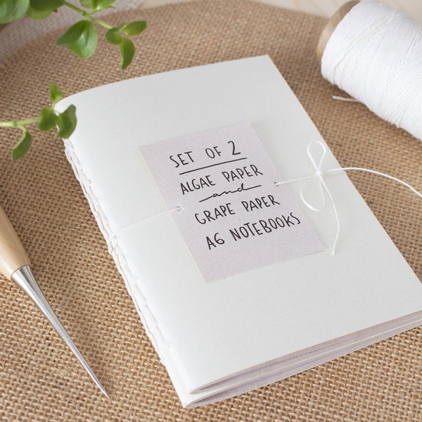 Handgenähtes Mini-Notizbuch im Boho-Stil aus keinem Baumpapier, Set von 2 umweltfreundlichen Notizbüchern von Hand gebunden, A6 Natural & minimalistisches Notizbuch