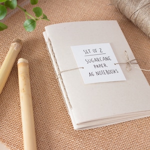 Mini quaderno rustico in carta di canna da zucchero, set di 2 mini diari ecologici rilegati a mano, quaderno A6 cucito a mano in carta senza alberi