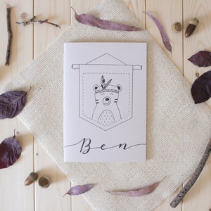 Hand-sewn & hand-drawn eco-friendly children journal, Customizable boho rustic A5 notebook for kids, Personalized gift for bohemian parents