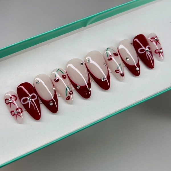 Red Cherries Nail Tips /  Bow Nails / Hand Painted Nail Tips / Free Shipping / Fall Nails / As Seen On TikTok / Instagram / Trending