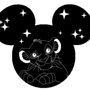 May include: Black and white illustration of a lion cub with a sad expression inside a Mickey Mouse silhouette with stars in the background.