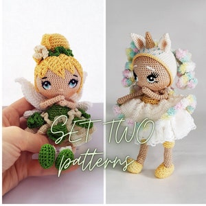 Conjunto dos patrones amigurumi de Hada en verde y Unicornio arcoíris, PDF en inglés