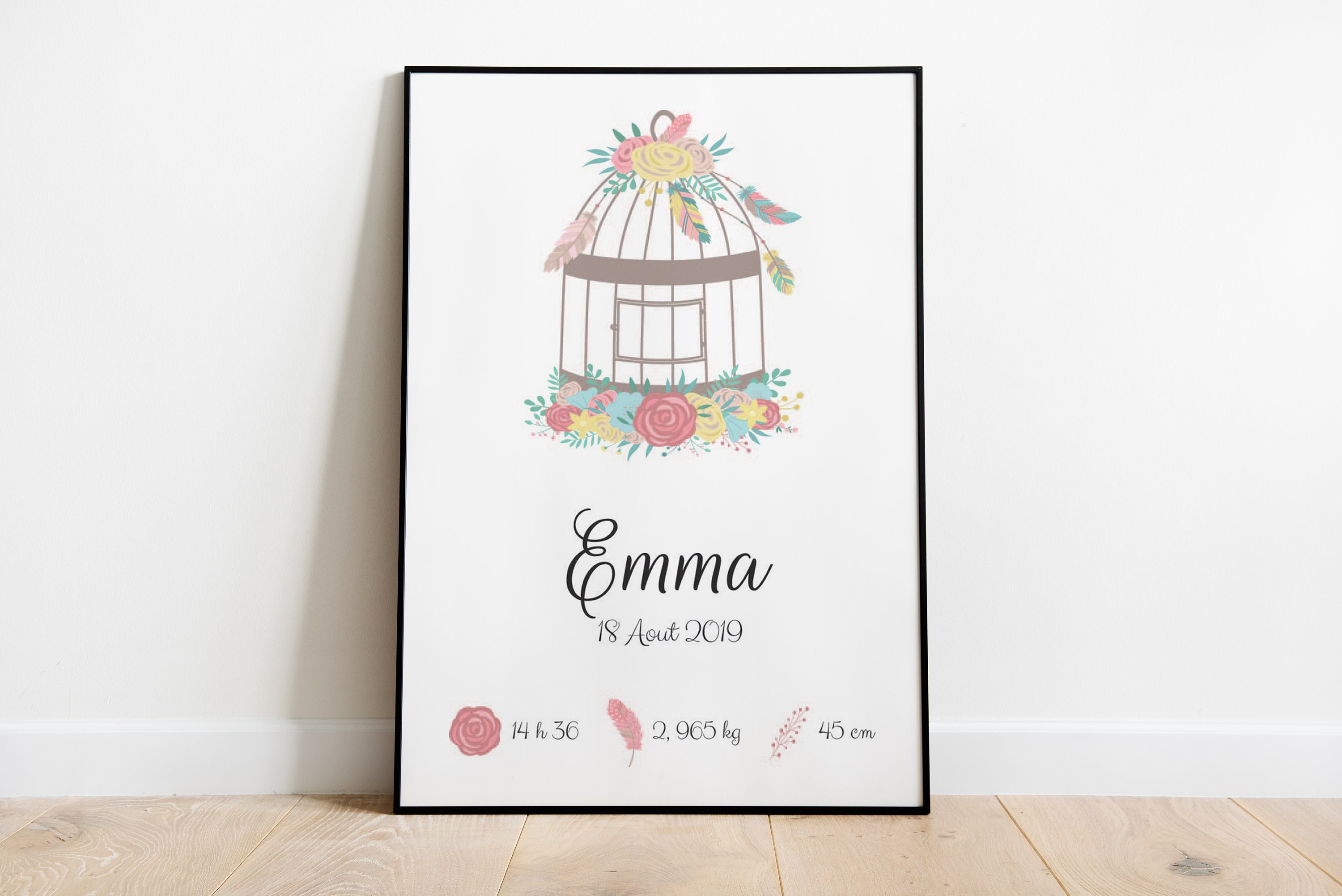 Affiche/Cadre Naissance - Cage Oiseau et Fleurs Style Bohème