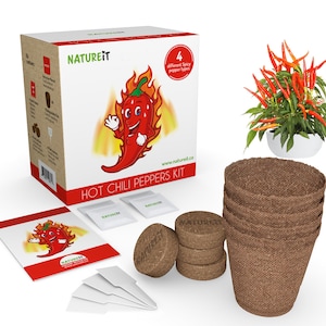 Hot Chili Peppers Seed Starter Kit Grow 4 Spicy Peppers from Seeds. All-in-One Indoor / Outdoor DIY Beginners Grow kit. Gift for foodies image 1