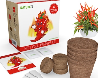 Hot Chili Peppers Seed Starter Kit - Grow 4 Spicy Peppers from Seeds. All-in-One Indoor / Outdoor DIY Beginners Grow kit. Gift for foodies!