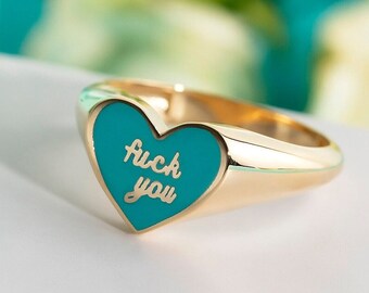 10K,14K,18K Gold Fuck Ring, Fuck You Ring, Engraved Enamel Fuck Ring, Fuck Jewelry, Middle Finger Ring, Enamel Heart  Ring, Gold Fuck Ring