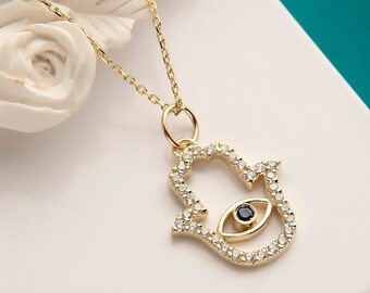 10K 14K 18K Gold Evil Eye Hamsa Pendant, Hand of Fatima Pendant, Hamsa Jewelery, Evil Eye Pendant, Mother's Day Gift, Evil Eye Charm