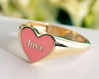 10K,14K,18K Gold Engraved Enamel Heart Ring, Personalized Love Ring, Engraved Herat Ring, Colourful Heart Ring, Gold Enamel Heart Ring