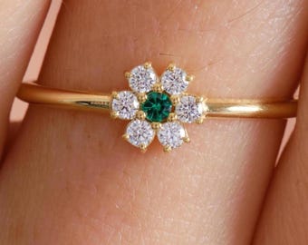 10K 14K 18K Gold Flower Birthstone Ring, Gold Floral Halo Birthstone Ring, Personalized Birthstone Ring, Custom Flower Ring, Wedding Ring