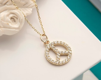 10K 14K 18K Gold Peace Sign Pendant, Gold Peace Sign Charm, Peace Sign Jewelry, Circular Peace Sign Pendant, Hippie Pendant, Peace Pendant