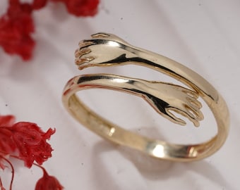 10K, 14K, 18K gouden knuffelring, gouden handring, vriendschapsring, cadeau voor vriendin, minimalistische ring, cadeau voor moeder, cadeau voor haar, Moederdagcadeau