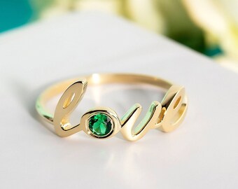 10K,14K,18K Gold Personalized Birthstone Ring, Dainty Script love Ring, Birthstone Ring,Love Word Ring,Engagement Ring, Valentine's Day Gift