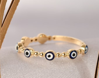 10K,14K,18K Gold Evil Eye Ring, Mini Evil Eye Ring, Good Luck Ring, Protection Sign, Gift For Mom, Evil Eye Band Ring, Classic Evil Eye Ring