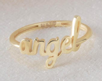 10K 14K 18K Gold Angel Ring, Angel Written Ring, Custom Word Ring, Christams Gift, Angel Jewelry, Dainty Band Ring,Minimalist Stackable Ring