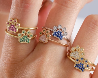 10K,14K,18K Gold Birthstone Dog Cat Paw Ring, Birthstone Paw Ring, Gold Paw Ring, Pet parent gift, Pet Memorial Jewelry,Pet Remembrance Ring