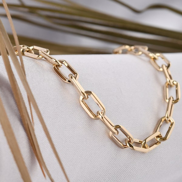 14K Solid Gold Square PaperClip Chain Bracelet, Unisex Gold Chain Bracelet, Mother's Day Gift, Thickness:5.50 mm, Gift For Her and Him