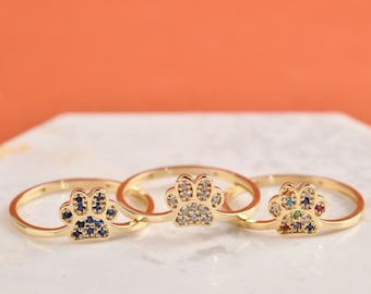 10K,14K,18K Gold Birthstone Dog Cat Paw Ring, Birthstone Paw Ring, Gold Paw Ring, Pet parent gift, Pet Memorial Jewelry,Pet Remembrance Ring