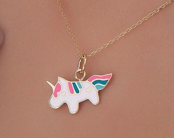 10K,14K,18K Gold Unicorn Pendant, Gold Unicorn Pendant, Unicorn Jewelry, Rainbow Pendant, Unicorn Charm, Kids Pendant, Mother Daughter Charm