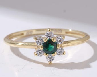 10K 14K 18K Gold Flower Birthstone Ring, Gold Floral Halo Birthstone Ring, Personalized Birthstone Ring, Custom Flower Ring, Wedding Ring