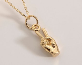 10K 14K 18K Gold Peace Sign Hand Pendant, Gold Victory Hand Pendant, Gold Peace Hand Pendant, Hand Gestures Pendant, Hand Language Pendant