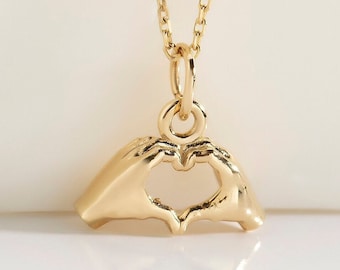 10K 14K 18K Gold Hand Gesture Heart Pendant, Hand Gesture Pendant, Heart Hand Pendant, Hand Gesture Heart Charm, Love Hand Gesture Pendant
