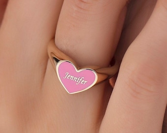 10K,14K,18K Gold Engraved Name Ring, Enamel Heart Ring, Custom Heart Name Ring, Engraved Ring, Custom Ring,Personalized Ring,Heart Name Ring