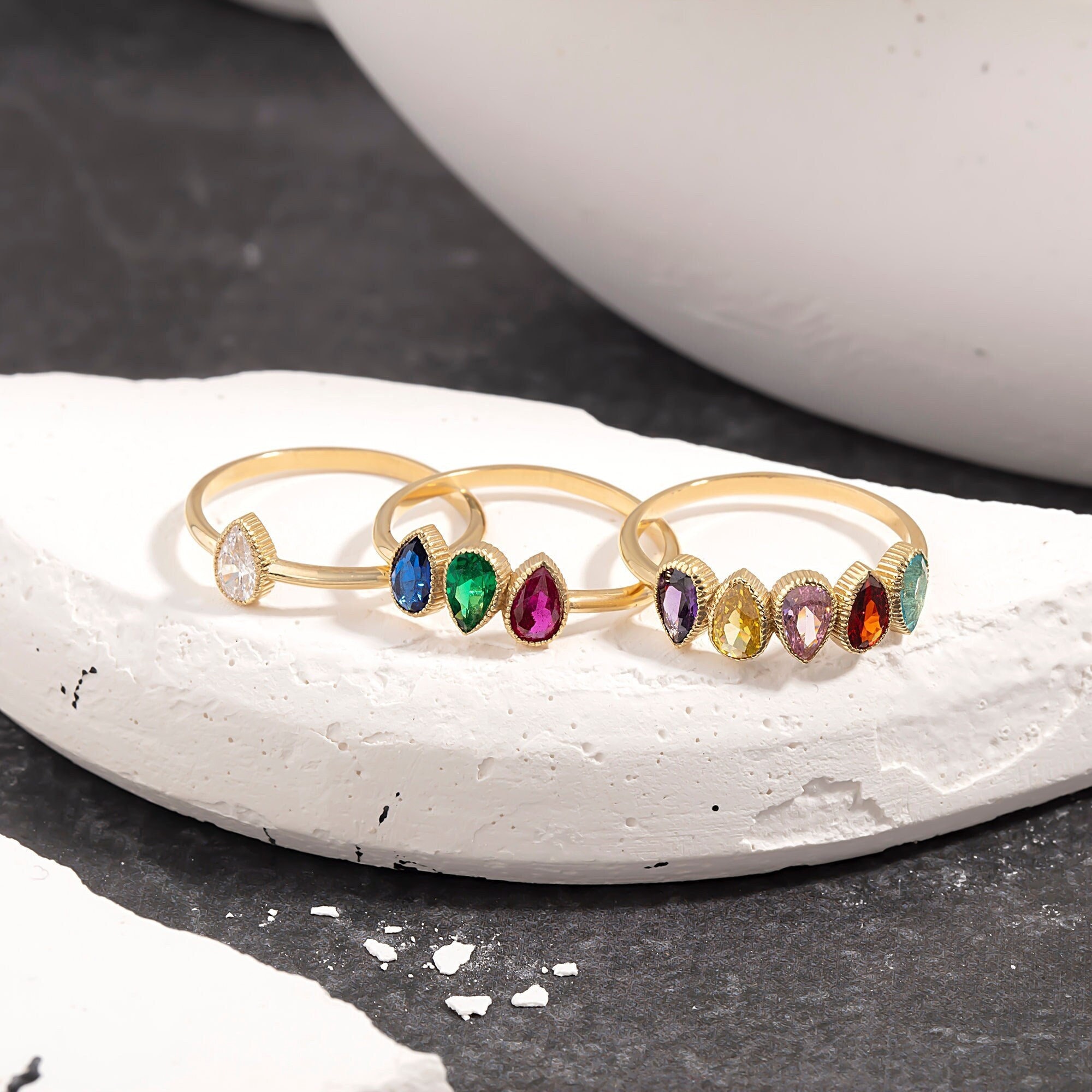10K,14K,18K Gold Personalized Birthstone Ring, Family Birthstone Ring, Gold Pear Ring, Gift For Mom, Custom Birthstone Ring, Mother Ring