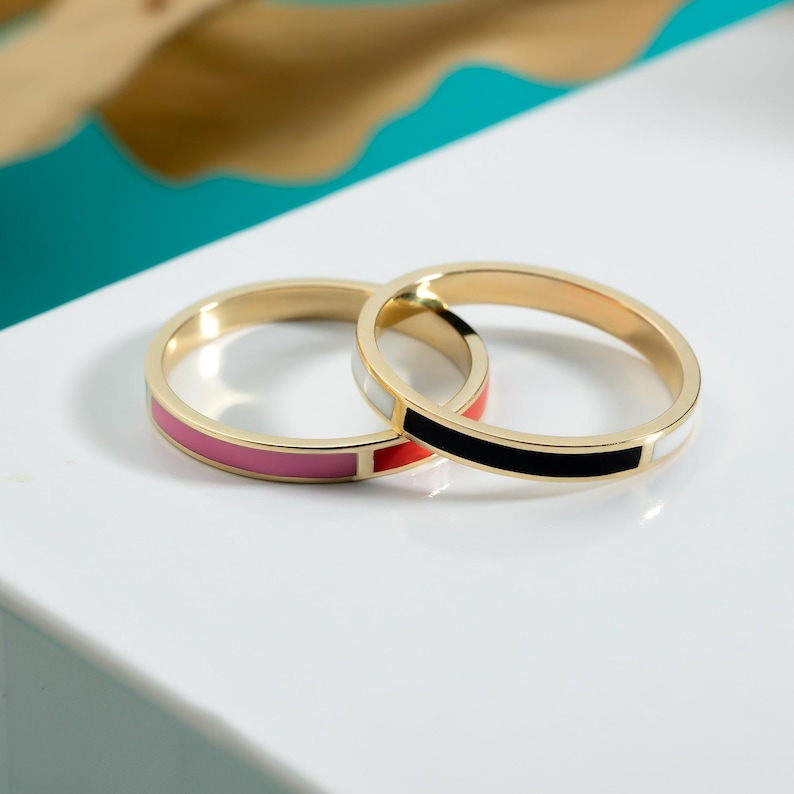 Unique Enamel Rings 10K 14K 18K Gold Personalized Multicolor Enamel Ring, Enamel Ring ...