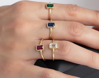 10K 14K 18K Gold Emerald Cut Birthstone Ring, Personalized Birthstone Ring, Gold Custom Ring, Wedding Ring, Gift For Her, Ring For Women