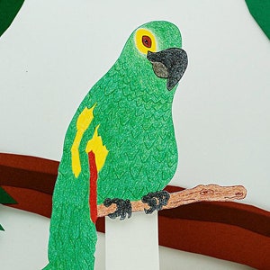 May include: A green parrot with yellow and red markings perched on a brown branch. The parrot has a black beak and a red eye with a yellow ring around it. The parrot is facing to the right. The background is white.
