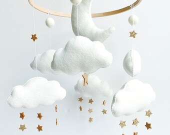 Felt Moon and Clouds baby Nursery Mobile, Neutral Nursery Mobile, Clouds Mobile, Star Cot Mobile, Clouds Crib Mobile, Neutral Nursery Decor