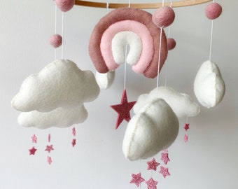 Baby Rainbow mobile , Clouds, Stars and Rainbow Crib Mobile, Pink Cot Mobile, Clouds and Stars mobile, Pink Nursery Mobile, Star Mobile