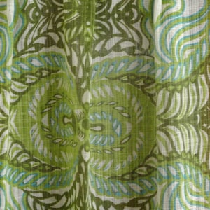 TIMETYPICAL pair of 1960s highquality woven synthetic design thread-curtains with large olivegreen/ turquoise blue flower/ leafe motive