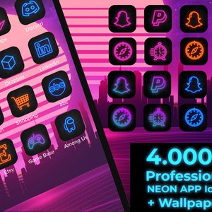 4000+ Neon App Icon Pack | Cyberpunk Retro iOS Home Screen | Aesthetic for iPhone Home Screen | Shortcuts, Themes Bundle