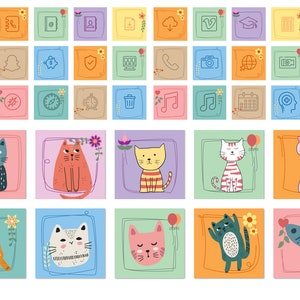 Peut inclure: Une illustration num&eacute;rique color&eacute;e de 36 ic&ocirc;nes carr&eacute;es avec divers symboles de m&eacute;dias sociaux et d'applications. En dessous des ic&ocirc;nes, 12 carr&eacute;s avec des illustrations de chats dans diff&eacute;rentes poses et couleurs.