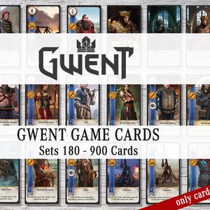 Pode incluir: Uma coleção de cartas de jogo Gwent com várias ilustrações de personagens, valores numéricos e símbolos de facção. O texto GWENT, GWENT GAME CARDS, Sets 180 - 900 Cards e only cards está impresso sobre as cartas de jogo.