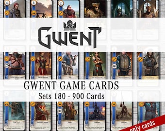 May include: A collection of Gwent game cards featuring various character illustrations, numerical values, and faction symbols. The text GWENT, GWENT GAME CARDS, Sets 180 - 900 Cards, and only cards is printed across the display of multiple playing cards.